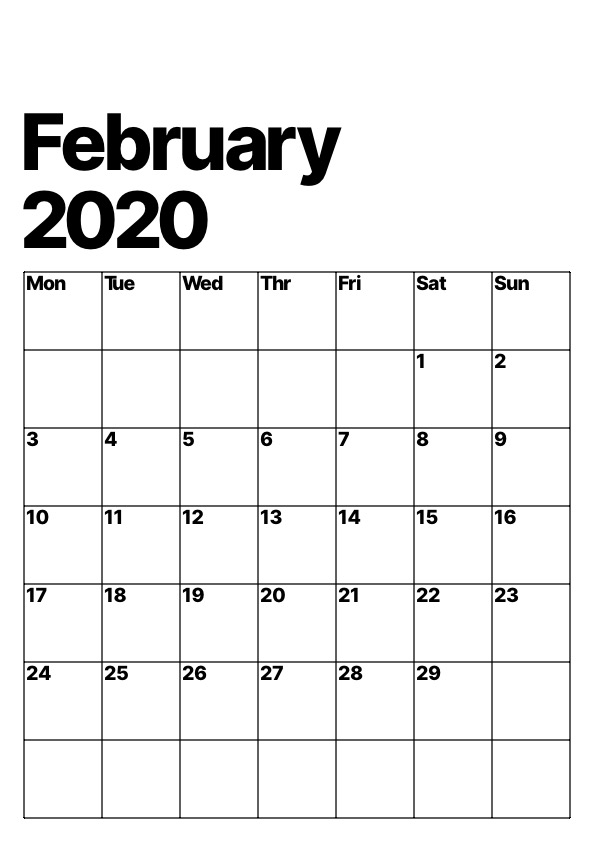 2020 month calendar A4